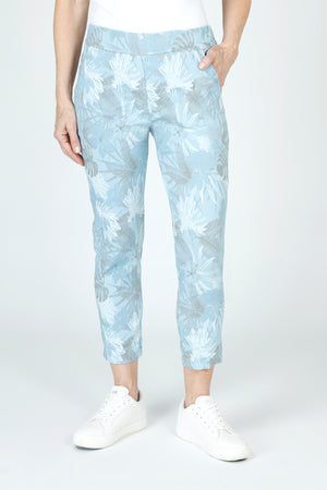 Organic Rags Layered Leaves Print Crop in Tiffany.  Large layered leaves in gray and white on an aqua background.  Elastic waist pull on pant with 2 front slash pockets and 2 rear patch pockets.  Lightly crinkled fabric.  24" inseam.  _59675062370670