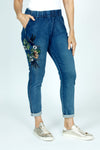 Organic Rags Embroidered  Ankle Jean in Denim.  Medium wash pull on jean with elastic waist.  Floral embroidery on side of right leg.  2 front slash pockets; 2 rear patch pockets.  27 1/2" inseam._t_52915082297710