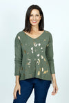 Organic Rags Metallic Knit Top in Olive.  Soft knit with gold metallic pieces on front.  V neck with dolman long sleeves.  Rib trim at cuff and hem.  Plain back.  Relaxed fit._t_52915074892142