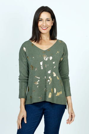 Organic Rags Metallic Knit Top in Olive.  Soft knit with gold metallic pieces on front.  V neck with dolman long sleeves.  Rib trim at cuff and hem.  Plain back.  Relaxed fit._52915074892142