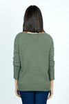 Organic Rags Metallic Knit Top in Olive.  Soft knit with gold metallic pieces on front.  V neck with dolman long sleeves.  Rib trim at cuff and hem.  Plain back.  Relaxed fit._t_52915074793838