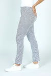 Organic Rags Striped Ankle Pant in Navy and white stripes.  Elastic waistband pull on pant with 2 front slash pockets. 2 rear patch pockets.  Stretchy crinkle fabric.  Slim leg.  27 1/2" inseam._t_52915088654702