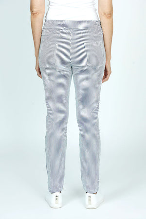 Organic Rags Striped Ankle Pant in Navy and white stripes.  Elastic waistband pull on pant with 2 front slash pockets. 2 rear patch pockets.  Stretchy crinkle fabric.  Slim leg.  27 1/2" inseam._52915087737198