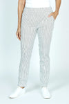 Organic Rags Striped Ankle Pant in Olive and white stripes.  Elastic waistband pull on pant with 2 front slash pockets. 2 rear patch pockets.  Stretchy crinkle fabric.  Slim leg.  27 1/2" inseam._t_52915087835502