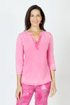 Organic Rags Ruffle Henley in Hot Pink.  Crew neck with split placket. Ruffle trim on 1 side of placket.  3/4 sleeve.  Curved hem.  Relaxed fit._t_59648073007470