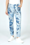 Organic Rags Floral Leaves Print Pant in Silver.  Blue leaves and flowers on a  silver background.  Elastic waist pull on pant with 2 front slash pockets and 2 rear patch pockets.  Lightly crinkled and stretchy.  28 1/2" inseam._t_59675077509486