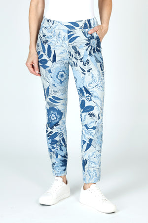 Organic Rags Floral Leaves Print Pant in Silver.  Blue leaves and flowers on a  silver background.  Elastic waist pull on pant with 2 front slash pockets and 2 rear patch pockets.  Lightly crinkled and stretchy.  28 1/2" inseam._59675077509486