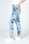 Organic Rags Floral Leaves Print Pant in Silver.  Blue leaves and flowers on a  silver background.  Elastic waist pull on pant with 2 front slash pockets and 2 rear patch pockets.  Lightly crinkled and stretchy.  28 1/2" inseam._t_59675077575022