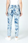 Organic Rags Floral Leaves Print Pant in Silver.  Blue leaves and flowers on a  silver background.  Elastic waist pull on pant with 2 front slash pockets and 2 rear patch pockets.  Lightly crinkled and stretchy.  28 1/2" inseam._t_59675077542254