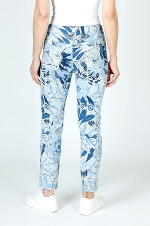 Organic Rags Floral Leaves Print Pant in Silver.  Blue leaves and flowers on a  silver background.  Elastic waist pull on pant with 2 front slash pockets and 2 rear patch pockets.  Lightly crinkled and stretchy.  28 1/2" inseam._59675077542254