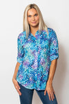 Sno Skins Bubbles Printed Crinkle Blouse.  Blue, purple and aqua bubble print.  Pointed collar button down with 3/4 sleeve with roll button tab.  Shirttail hem.  Relaxed fit._t_59765462827374