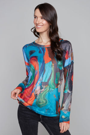 Claire Desjardins All Warm & Cozy Seamed Top.  Abstract swirl print in jewel tones.  Crew neck with raised front and back center seams.  Long sleeves with cuffs.  Sewn stitch detail.  Side slits.  Relaxed fit._52880864280942