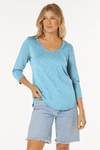 Mododoc 3Q Sleeve V neck Tee in Blue Pearl.  V neck slub cotton tee with 3/4 sleeve.  Curved hem with raw edge.  Relaxed fit._t_59626400809326