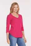 Mododoc 3Q Sleeve V neck Tee in Electric Berry.  V neck slub cotton tee with 3/4 sleeve.  Curved hem with raw edge.  Relaxed fit._t_59626400940398