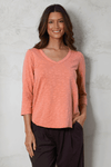 Mododoc 3Q Sleeve V neck Tee in Sunkist Coral.  V neck slub cotton tee with 3/4 sleeve.  Curved hem with raw edge.  Relaxed fit._t_59626400678254