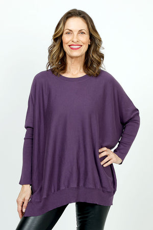 Planet Pima Oversized Crew Sweater in Plum.  Crew neck sweater with long ribbed sleeves.  Rib trim at neck and hem.  Side slits.  Oversized fit.  One sizes fits many._36281813369032