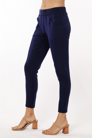 Mododoc Seamed Ankle Pant in 
Vibrant Navy.  Pull on pant with 2" ribbed waistband.  Front slash & stitched pockets.  Raised front center seams.  28" inseam._59622636355950