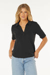 Mododoc Half Sleeve Easy Polo Tee in Black.  Slub cotton tee with pointed collar and split vee neck.  Elbow length sleeve.  Curved high low hem with double raw edge.  Relaxed fit._t_59772551364974