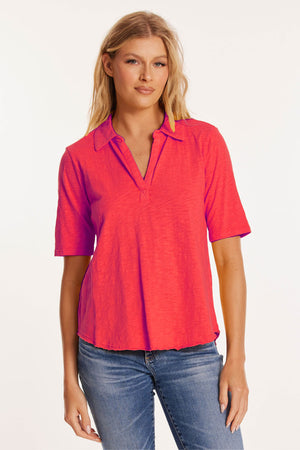 Mododoc Half Sleeve Easy Polo Tee in Glazed Cherry.  Slub cotton tee with pointed collar and split vee neck.  Elbow length sleeve.  Curved high low hem with double raw edge.  Relaxed fit._59772551299438