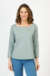 Mododoc Boatneck top in Fennel.  Miniature stripes.  Boatneck, 3/4 sleeve tee.  Triangle inset at hem.  Raw edges at hem and cuff.  Relaxed fit._t_59821235732846