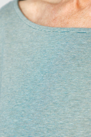 Mododoc Boatneck top in Fennel.  Miniature stripes.  Boatneck, 3/4 sleeve tee.  Triangle inset at hem.  Raw edges at hem and cuff.  Relaxed fit._59821235765614