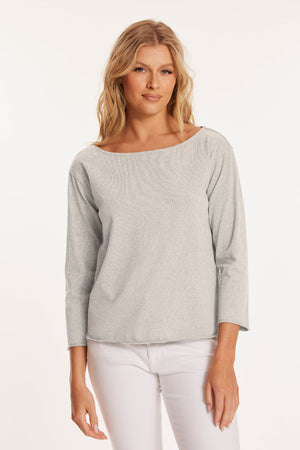 Mododoc Boatneck top in Silver.  Miniature stripes.  Boatneck, 3/4 sleeve tee.  Triangle inset at hem.  Raw edges at hem and cuff.  Relaxed fit._59821242188142