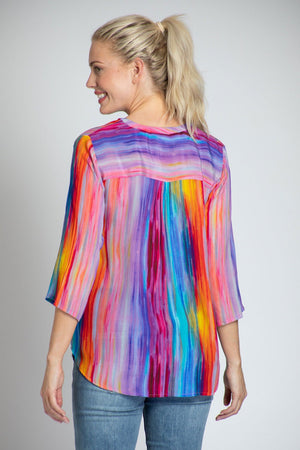 APNY Rainbow Tassel Top in Multi. Vertical watercolor stripes in rainbow colors. Banded crew neck with split v placket. String tie with tasseled ends. 3/4 sleeve. Curved hem. Relaxed fit._35754150035656