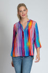 APNY Rainbow Tassel Top in Multi.  Vertical watercolor stripes in rainbow colors.  Banded crew neck with split v placket.  String tie with tasseled ends.  3/4 sleeve.  Curved hem. Relaxed fit._t_35754150068424
