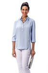 Beau Chemise Tulip Hem Blouse in Sky Blue. Pointed collar popover with 4 button placket. Tulip hem in front with 3 button trim on each side. 3/4 sleeve. Relaxed fit_t_59738617184622