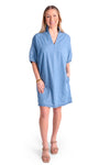 Emily McCarthy Denim Chambray Poppy Dress in Light Denim.  Convertible collar split neck dress.  Dolman elbow length sleeve with elastic cuff.  Side seam pockets.  Side slits.  Relaxed fit._t_35611072626888