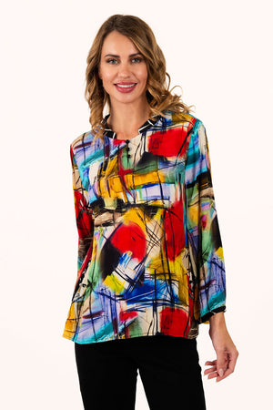 Lemon Grass Mixed Print Pullover in Infinity.  Crew neck peasant style top.  3 button and loop closure at front neck.  3/4 gathered sleeve with button cuff.  Gathered back. A line shape. Relaxed fit._36330907533512