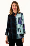 Lemon Grass Button Down Blouse in Peacock/Black.  Mix of abstract cubist print on 1 side of front and plaid on the other.  Stand collar and sleeve cuff in 3rd print.  Button down with square colored novelty buttons.  Front welt pockets with contrast print trim.  3/4 sleeve.  Back yoke.  Relaxed fit._t_35985558339784