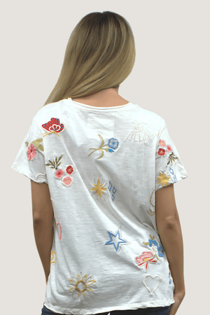 Kyla Seo Embroidered Tee in White.  Cotton tee with multi colored embroidery.  Crew neck, short sleeve tee.  Relaxed fit._59687824589166