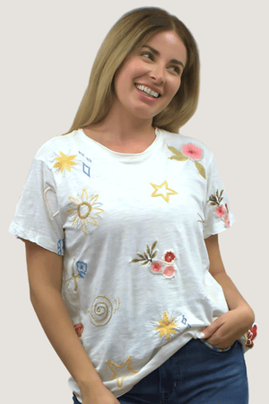 Kyla Seo Embroidered Tee in White.  Cotton tee with multi colored embroidery.  Crew neck, short sleeve tee.  Relaxed fit._59687825539438