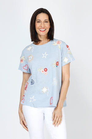 Kyla Seo Embroidered Tee in Blue.  Cotton tee with multi colored embroidery.  Crew neck, short sleeve tee.  Relaxed fit._59777713406318