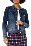 Liverpool Classic Jean Jacket in Glenrock, a medium blue slightly faded wash.  Pointed collar button down jacket with contour seaming and banded bottom.  Metal buttons.  Long sleeves with button cuff.  Back yoke with contour seaming._t_36092030157000