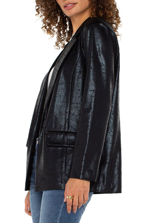 Liverpool Crackle Boyfriend Blazer in Black.  Crackled fabric.  Open front blazer with peaked lapel.  Long sleeves.  2 front patch pockets.  Relaxed fit._52933076779374