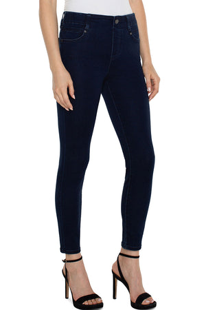 Liverpool Gia Skinny Forever Fit Jean in Buckthorn a dark blue wash. Midrise pull on jean in a fabric that won't stretch out and stays comfortable. Skinny jean with faux front pockets and back patch pockets. 28" inseam._35886802862280