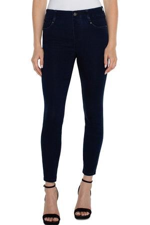 Liverpool Gia Skinny Forever Fit Jean in Buckthorn a dark blue wash. Midrise pull on jean in a fabric that won't stretch out and stays comfortable. Skinny jean with faux front pockets and back patch pockets. 28" inseam._35886802895048