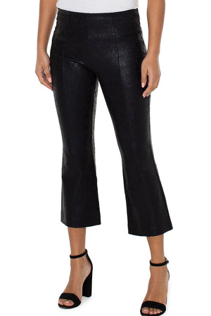 Liverpool Stella Crackle Kick Flare in Black.  Crackle finish pull on pant. Front center seaming.  Angled front welt pockets. Slim fit with flared hem.  25" inseam._52928534675822