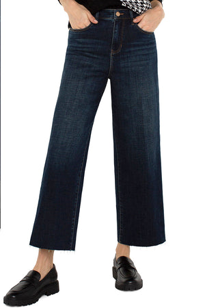 Liverpool Stride High Rise Wide Cut Crop in Eastmoor, a dark blue wash.  Button and zipper closure with 5 pocket jean details.  Wide leg with raw hem. 26" inseam._59435971215726