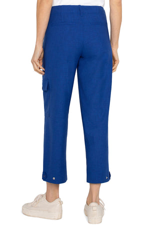 Liverpool Cargo Crop Pant in Blue Topaz.  Stretch twill midrise pant.  Single button and zipper closure.  2 front welt pockets, 2 back patch pockets.  2 side button cargo pockets.  Tab detail at hem.  Comfortable relaxed leg.  Inseam: 26"_36078960967880