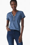 NIC+ZOE Everyday Pocket Top in Dark Denim.  Garment dyed slub cotton.  Banded crew neck with split v neck and 2 button placket.  Embroidered cross stitch edging on neck placket.  Short sleeves with cuffs.  Curved hem.  Relaxed fit._t_35807718965448