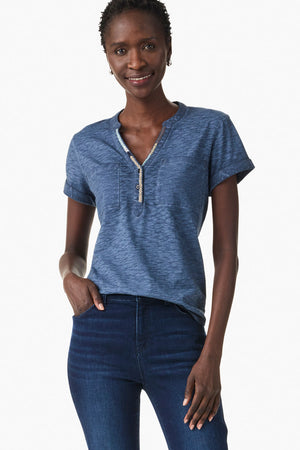 NIC+ZOE Everyday Pocket Top in Dark Denim.  Garment dyed slub cotton.  Banded crew neck with split v neck and 2 button placket.  Embroidered cross stitch edging on neck placket.  Short sleeves with cuffs.  Curved hem.  Relaxed fit._35807718965448