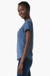 NIC+ZOE Everyday Pocket Top in Dark Denim. Garment dyed slub cotton. Banded crew neck with split v neck and 2 button placket. Embroidered cross stitch edging on neck placket. Short sleeves with cuffs. Curved hem. Relaxed fit._t_35807719063752