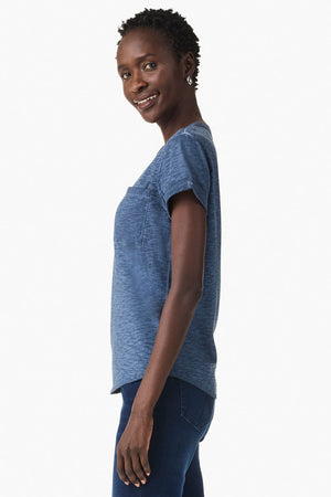 NIC+ZOE Everyday Pocket Top in Dark Denim. Garment dyed slub cotton. Banded crew neck with split v neck and 2 button placket. Embroidered cross stitch edging on neck placket. Short sleeves with cuffs. Curved hem. Relaxed fit._35807719063752