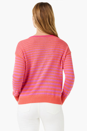 NIC+ZOE Striped Up Supersoft Sweater. Graduated width orange and pink stripes. Boatneck long sleeve sweater with solid orange ribbed cuff and hem. Drop shoulders. Rolled jersey trim at neck, armhole and side seams. Relaxed fit._35668735099080
