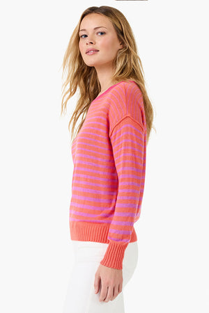 NIC+ZOE Striped Up Supersoft Sweater. Graduated width orange and pink stripes. Boatneck long sleeve sweater with solid orange ribbed cuff and hem. Drop shoulders. Rolled jersey trim at neck, armhole and side seams. Relaxed fit._35668735197384