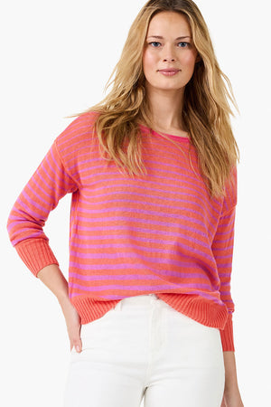 NIC+ZOE Striped Up Supersoft Sweater. Graduated width orange and pink stripes. Boatneck long sleeve sweater with solid orange ribbed cuff and hem. Drop shoulders. Rolled  jersey trim at neck, armhole and side seams. Relaxed fit._35668735164616