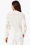 NIC+ZOE Mixed Knit Cardigan in Milk white. Open short cardigan with convertible collar. Knit in texture with sheer cutouts. Long sleeves. Classic flt._t_35669074739400